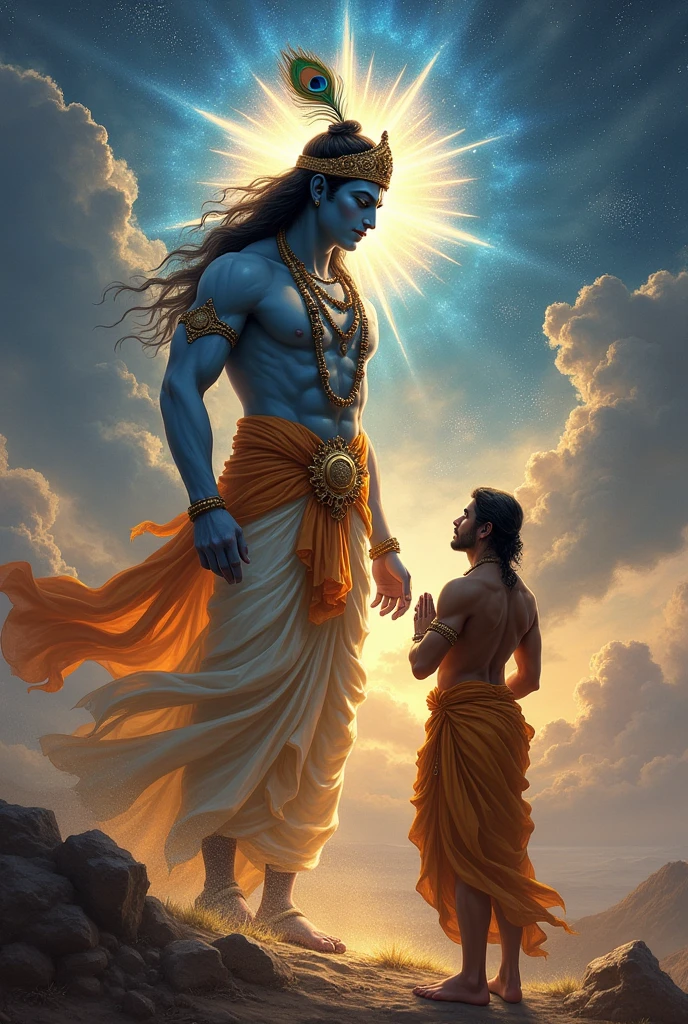 God krishna in universe form , giving knowledge of Geeta to Arjun which is in battlefield, Arjun is warrior muscular, both are wearing dhoti , peacock wing is on krishnas crown, Arjun is joining hands
