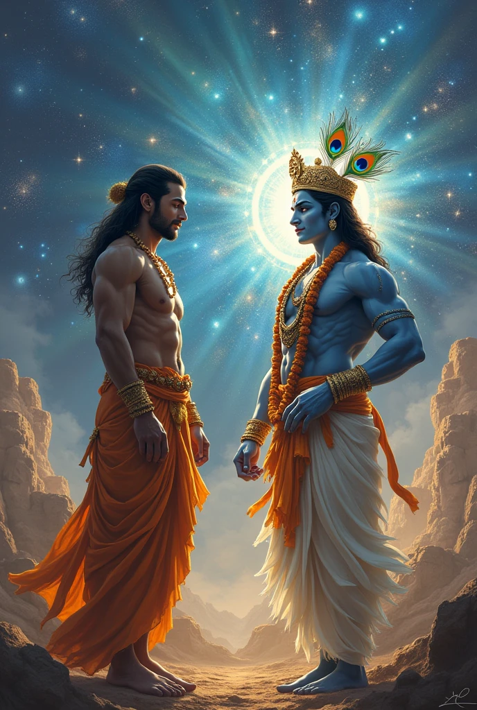 God krishna in universe form , giving knowledge of Geeta to Arjun which is in battlefield, Arjun is warrior muscular, both are wearing dhoti , peacock wing is on krishnas crown, Arjun is joining hands