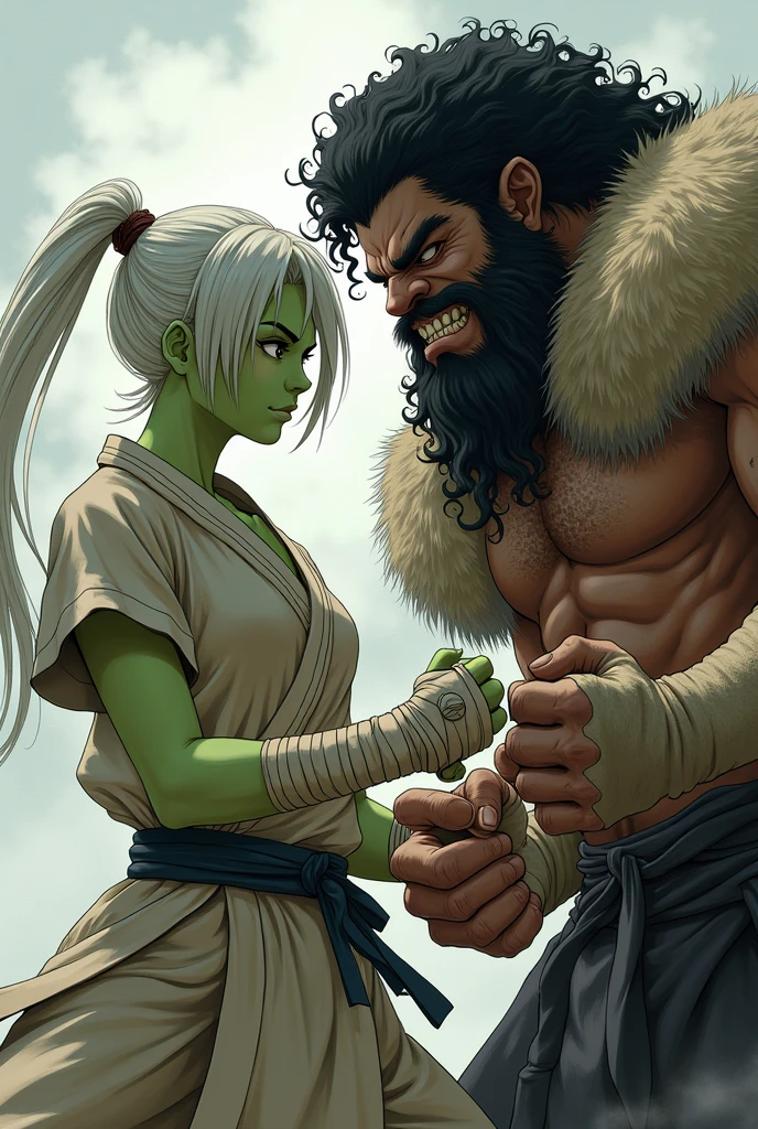 A young half-orc woman in a fighting stance, de pele verde, thin and short, medium white hair, with clothing similar to that of a martial artist, with some bandages on his hands, and beside him a young, half-orc man with a large, furry hand on his shoulder, with black curly hair with his eyes covered by his hair, that only leaves the mouth and teeth showing, with martial artist clothes and scars all over his body. Both done in anime style