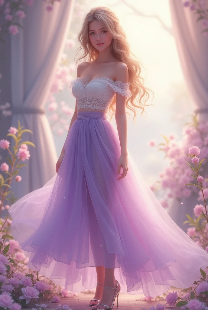 Beautiful Girl,sweet,whole body,High heel,Off-shoulder,Purple skirt,Lace,Flowers