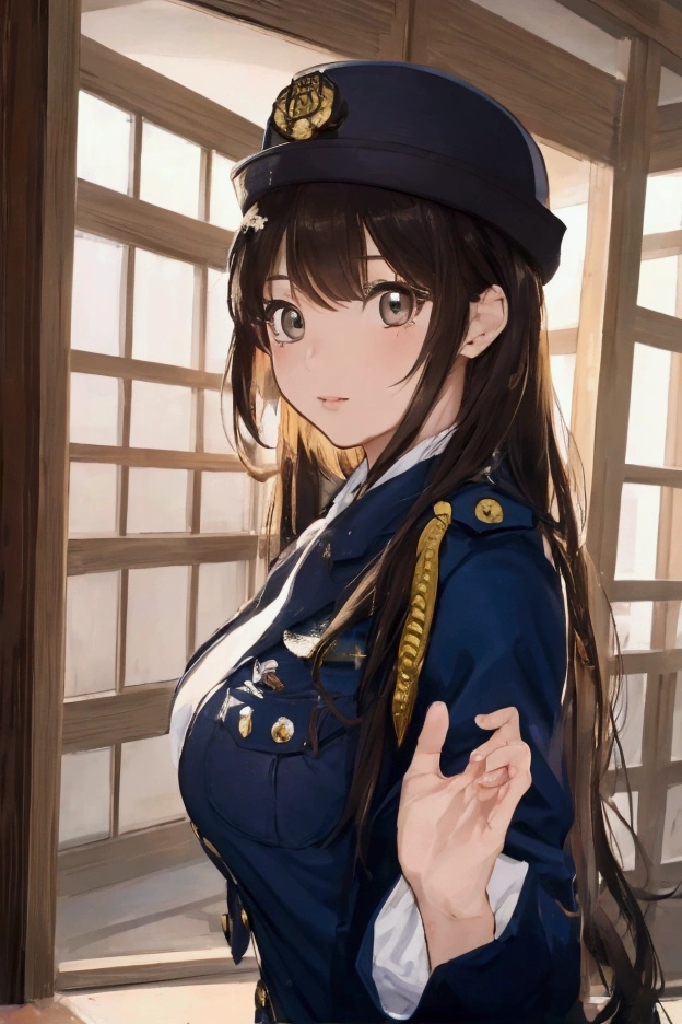 (ultra highres、ultra quality、Masterpiece、8k),A girl with light hair drawn in high resolution policewoman.japannse police woman、Young and cute 、Asian woman,s hot, Japanese Model, Cute Core, Chubby、wear a hat 、big breast、Town、White blouse