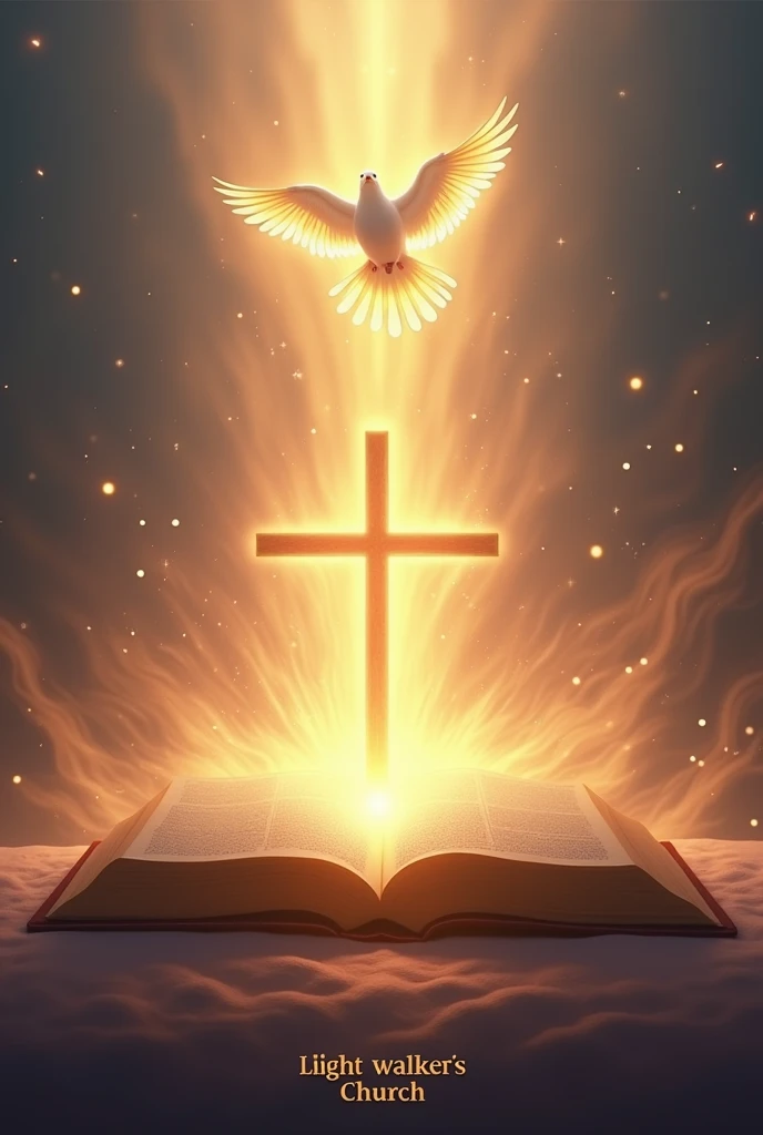 Bright Light shone from Bible with the cross in the middle and holy spirit on top of the cross like a dove, and write "Light Walker's church" at the bottom, heavenly background