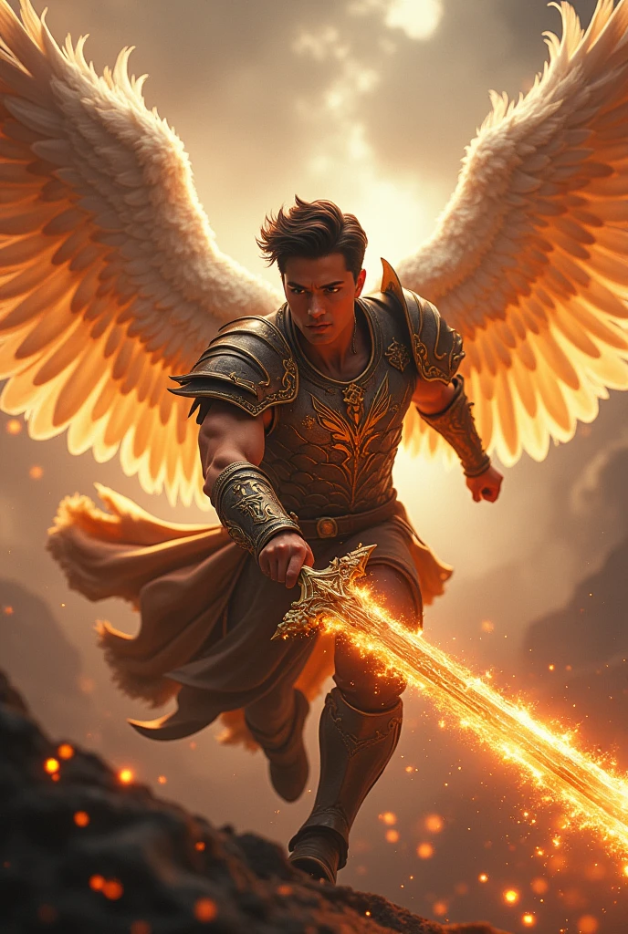 masterpiece, best quality, realistic, ultra detailed, movie poster style, dungeons and dragons character design, celestial, cute bruneian man with round face, soft facial features, muscular, stylish dark hair, majestic white angel wings, homoerotic heavy armor, swooping towards camera, dramatic slashing with powerful flaming sword towards camera, god rays, extremely dramatic lighting, perfect fingers, perfect hands, perfection
