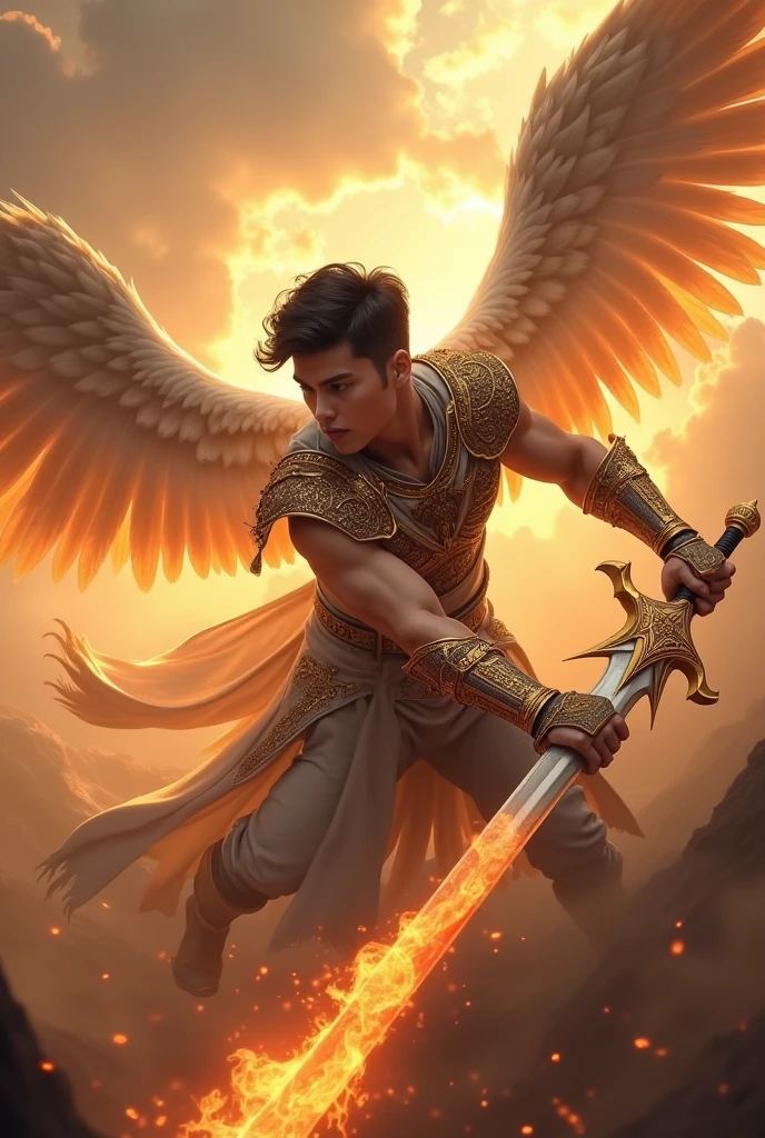 masterpiece, best quality, realistic, ultra detailed, movie poster style, dungeons and dragons character design, celestial, cute bruneian man with round face, soft facial features, muscular, stylish dark hair, majestic white angel wings, homoerotic heavy armor, swooping towards camera, dramatic slashing with powerful flaming sword towards camera, god rays, extremely dramatic lighting, perfect fingers, perfect hands, perfection