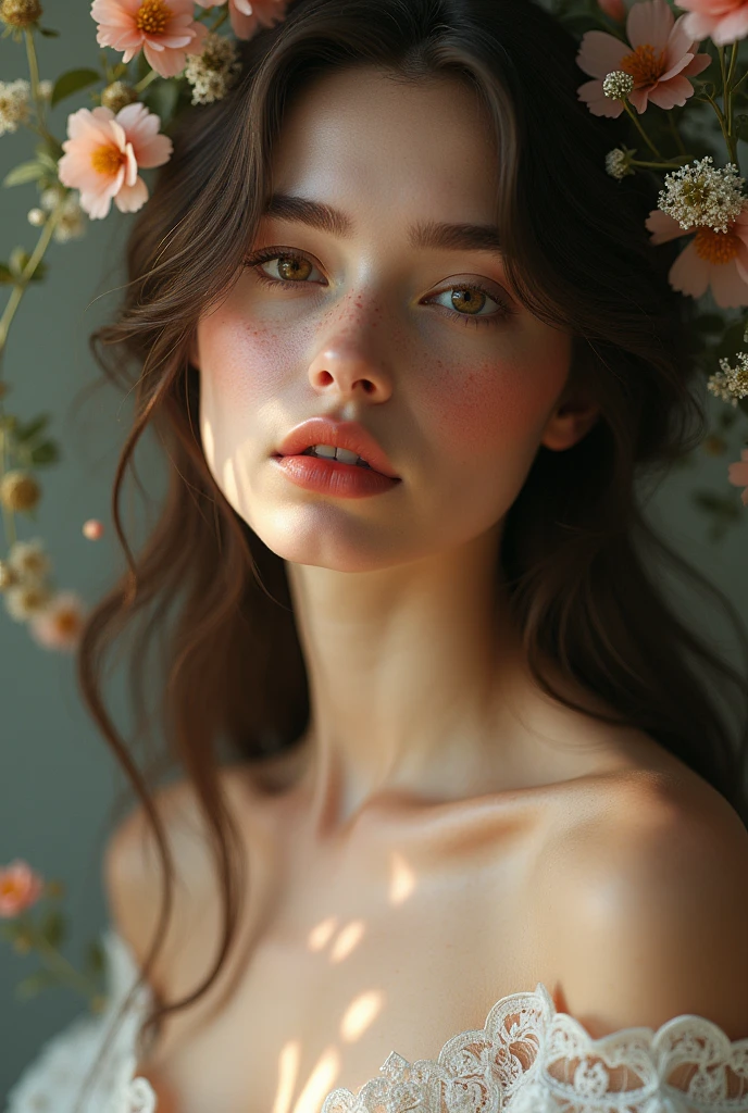 female, woman, collarbones, floral motif, freckles, beautiful, very feminine face, elegant features, long loose hair