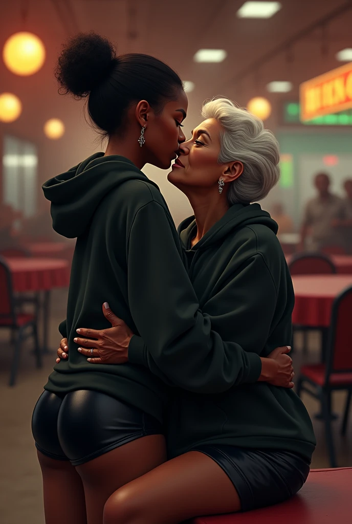 black woman hair in a bun black hoodie black leather short shorts setting on old womans lap, old woman has arms around her waist and kissing her neck in a bingo hall