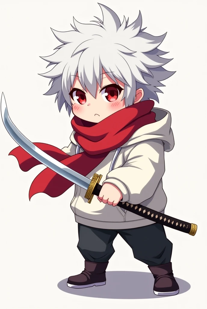 Draw a little anime boy with a red scarf, white hair, red eyes, and a white hoodie holding a katana pointing forward. 
