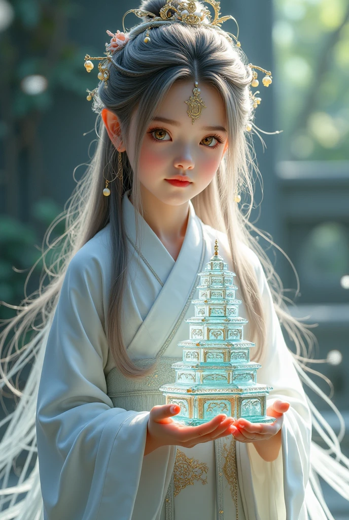Most beautiful 6 yo xianxia female protagonist,light brown dominant and silver strand long hair ,golden amber eyes,use majestic garmen with blue fillamen,silver pattern clothes,face detailed,lips detailed,thin red lips,golden rune scratch at fore head, and held 9 floor glasses pagoda ,forehead detailed,better quality, masterpiece,24K ultra hd,super beautiful detail,goddess featuring