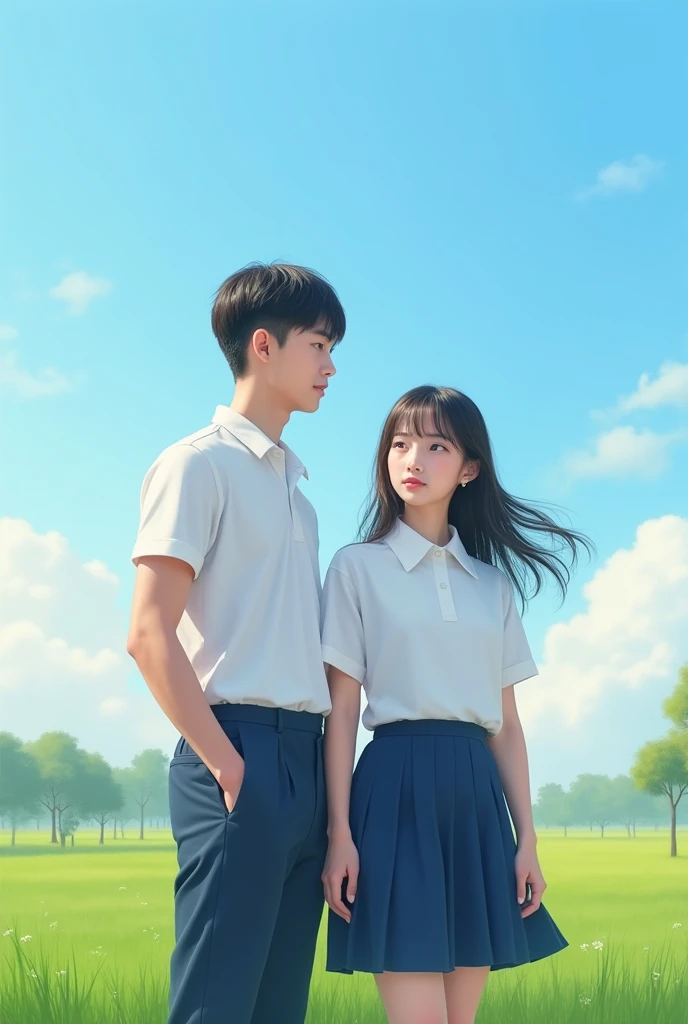 Chinese high school students，Couple，Wearing a white school uniform top，blue sky，grassland，Reality，Realistic Photography