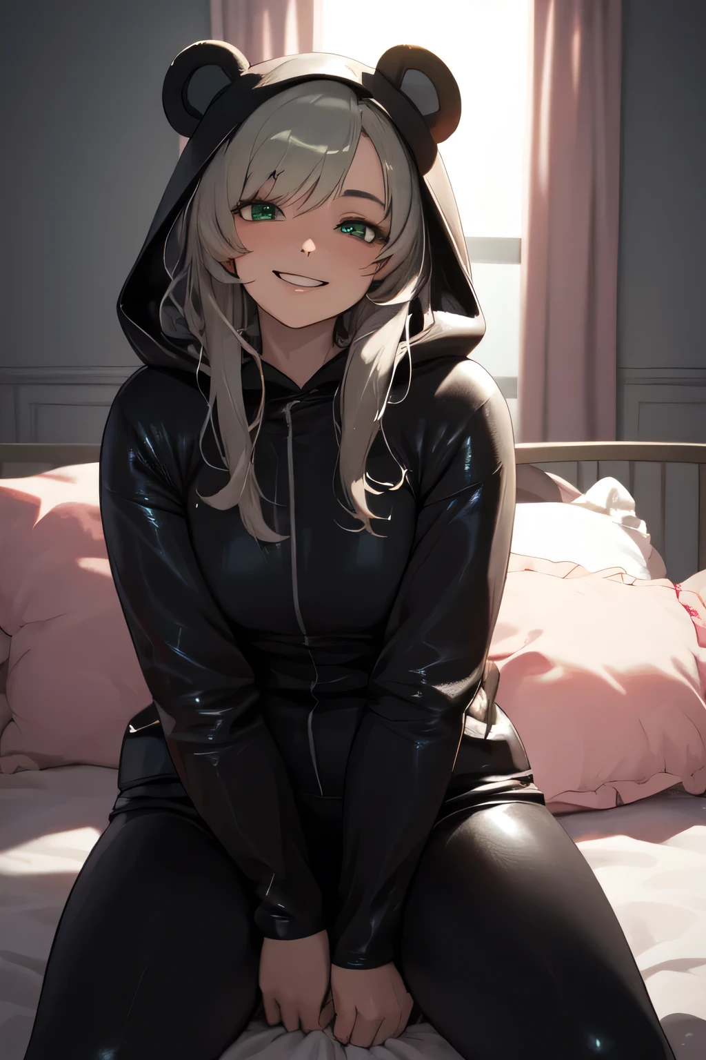 Beautiful, (masterpiece), Best quality, (extremely detailed face), extremely detailed eyes,  perfect lighting, general information, detailed, deep skin,textured leather,
,Bear costume ,black Bear costume, long sleeves, Hood,,mallow , long hair, green eyes, big smile,on the bed ,you are sitting between the pillows,
,