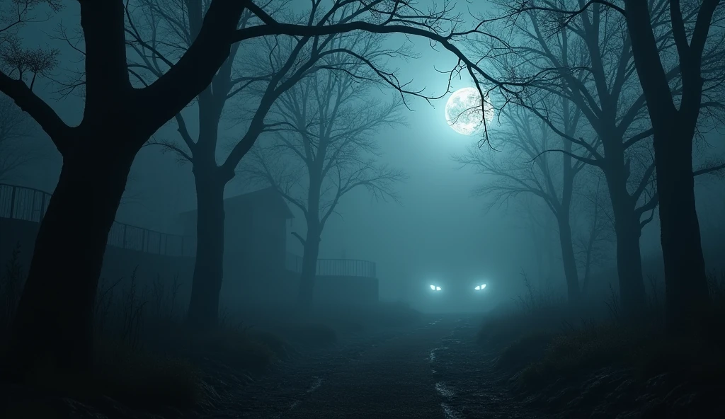"Create a hyper-realistic image with a dark, mysterious, and terrifying atmosphere. The scene is set in a fog-covered forest at night, with twisted, shadowy trees and dim moonlight barely breaking through the mist. In the distance, eerie, glowing eyes peer from the darkness. The environment feels cold and unsettling, with hints of abandoned structures or ghostly figures lurking in the shadows. The overall vibe should be spine-chilling and evoke a sense of dread and horror."