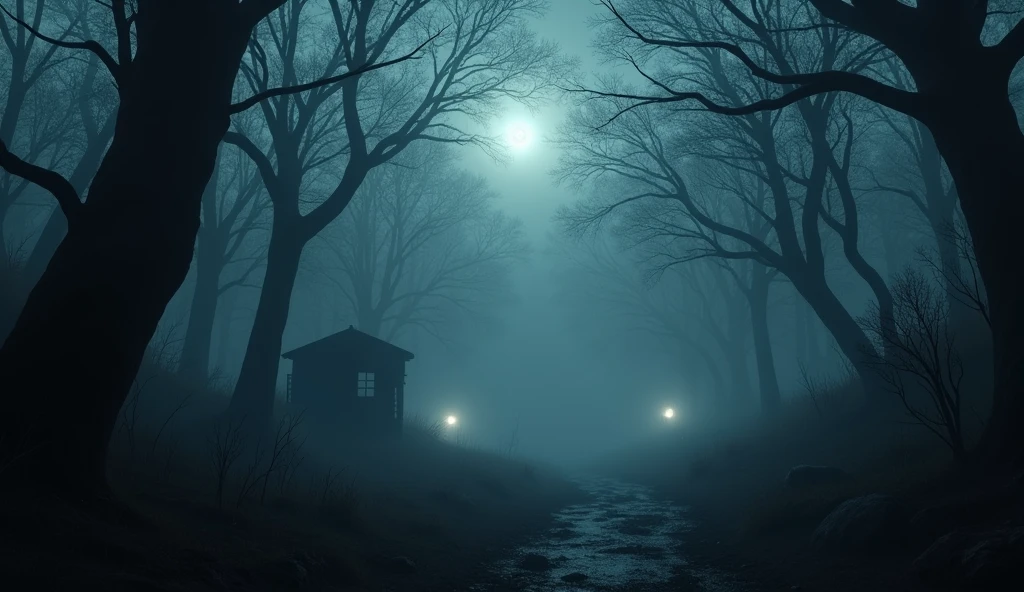 "Create a hyper-realistic image with a dark, mysterious, and terrifying atmosphere. The scene is set in a fog-covered forest at night, with twisted, shadowy trees and dim moonlight barely breaking through the mist. In the distance, eerie, glowing eyes peer from the darkness. The environment feels cold and unsettling, with hints of abandoned structures or ghostly figures lurking in the shadows. The overall vibe should be spine-chilling and evoke a sense of dread and horror."