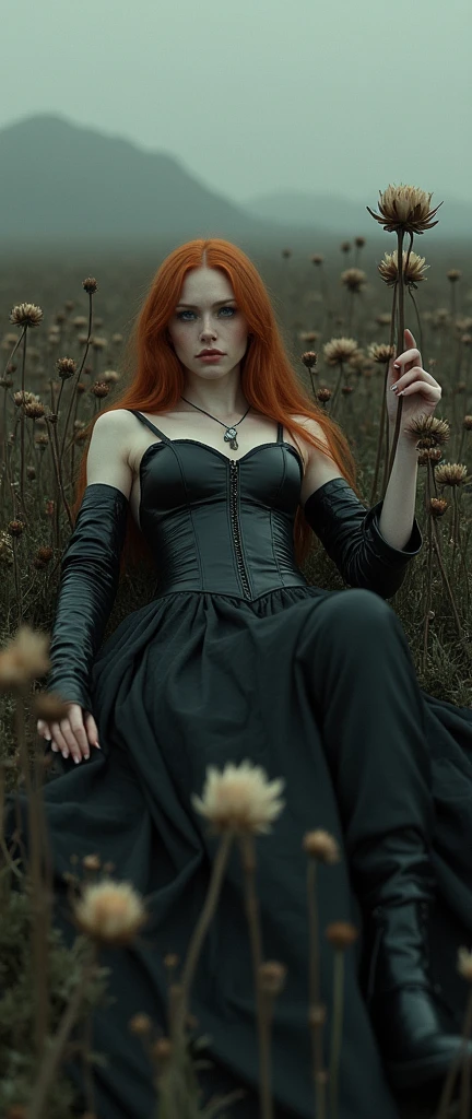 ultra realistic, photography, long red hair, girl, 24 years old, hourglass figure, perfect body, Flirty look, natural medium breasts, wearing a hot goth dress, black lips, on a cemetary, sitting next to a grave, at night, moon in the background, she wears fishnet tights and black army boots