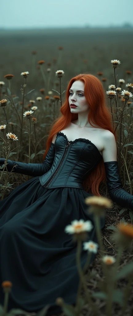 a ginger pale goth regel queen in one piece corset dress, leather gloves, charm lounging outside a dark field, open field touching causing withering flowers, de-saturated serious tone, cinematic lighting, dramatic shadows, muted colors, photorealistic, masterpiece, ultra-detailed, 8k, highly detailed, dark fantasy, gothic, surreal