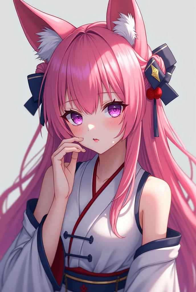 (masterpiece:1.3),best quality,high resolution,unity 8k wallpaper,(illustration:1),perfect lighting,photo_\(medium\),photorealistic,realistic,finely detail,extremely detailed,soft lighting and shadow,soft yet striking lighting,film grain:1.2,yae miko, 1girl, solo, pink hair, purple eyes, looking at viewer, long hair, realistic, animal ears, parted lips, detached sleeves, japanese clothes, upper body, fox ears, grey background, simple background, bangs, lips, bare shoulders, hand up, jewelry, wide sleeves, nontraditional miko, breasts