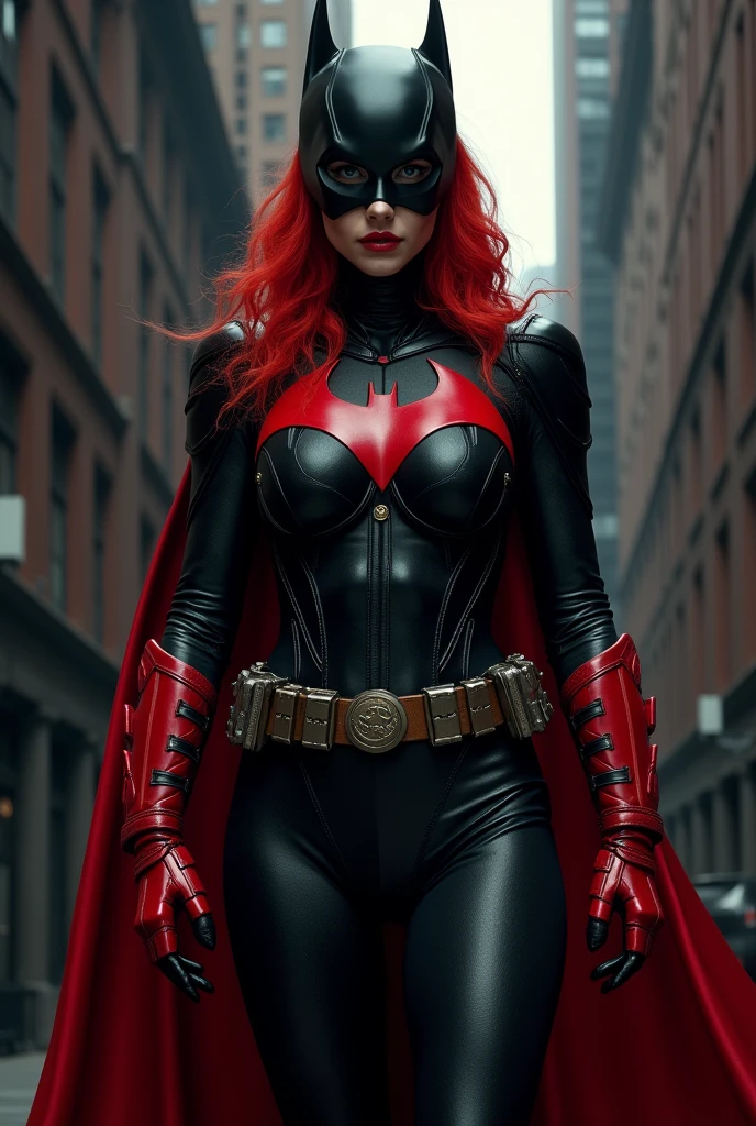Batwoman, superhero, mature, bat mask, black costume, red hair, red bat symbol, red gaunlets, red ultility belt, red cape, red boots