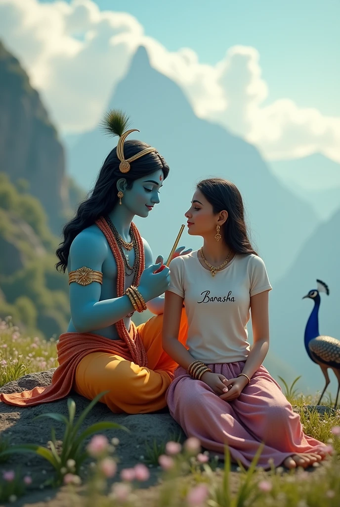 3D image of 20 year old Indian Girl who is sitting next to krishna ji and Krishna ji playing the flute, they both sit together on the mountain, Girl wearing T-shirt Name “barasha” written on it, make sure text shout be misspelled, heaven like beautiful view background, peacock dancing,realistic image and Girl is in barefoot.