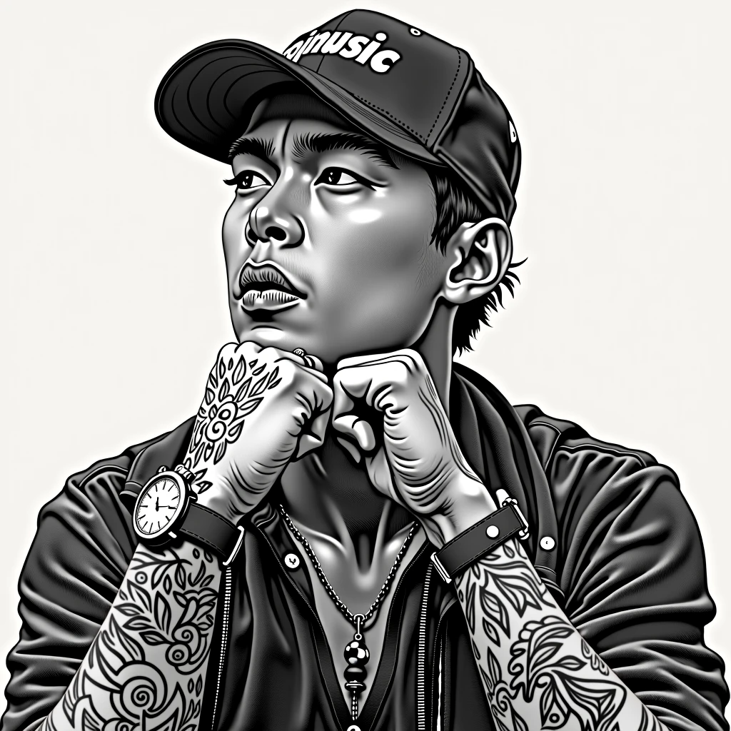 there is a asia man with a tattoo on his arm and a watch, photo style of shawn paul tan, tattoo style, tattooed man, inspired by Rudy Siswanto, dark but detailed digital art, realism artstyle, hyper realistic style, hyperrealism artstyle, detailed style, photorealistic artstyle, high quality portrait, realism art style, digital painting highly detailed. his cap write AJO Music