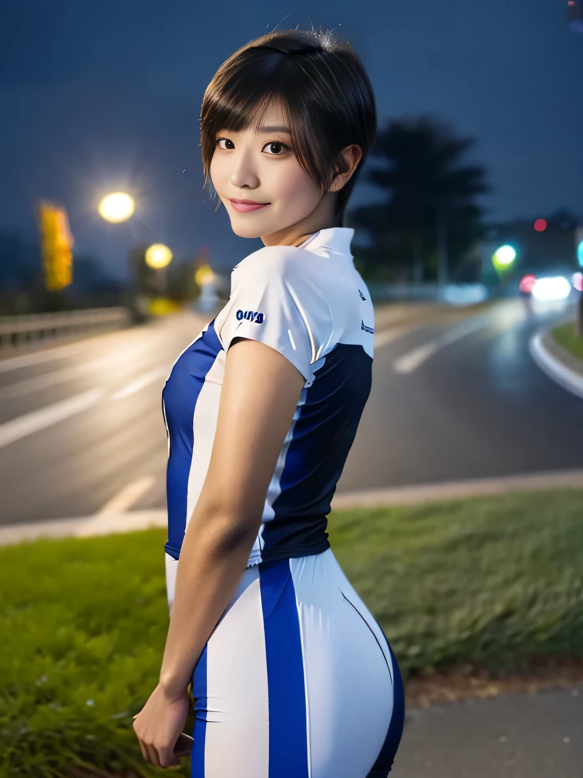 20 year old Japanese beauty，One woman、Muscular body like a bodybuilder、Emphasize the breasts、Slit eyes、Full body image up to the tip of the foot，Bust is very very large、Full moon night in the background、High quality photos、Clear, crisp images of the lower body、Masterpiece 8k、Smiling、From the front, from the side, from the back, etc.々from what camera angle to shoot、Highly lustrous satin outfit、Full-body clothing、Wearing a road bike racing suit