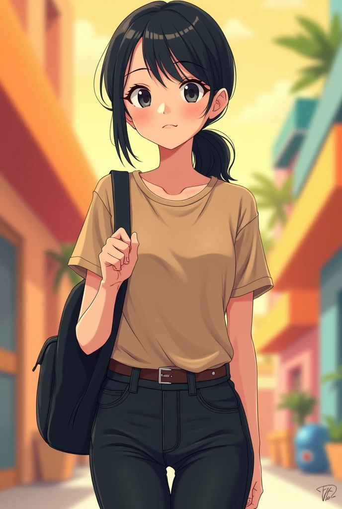 create an anime college girl that wears light brown tshirt and black pants with black school bag she has black hair also. Adopt the design in nickelodeon. she has low pony hairstyle