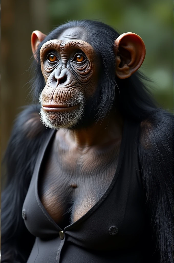 Female chimpanzee wearing a very tight blouse