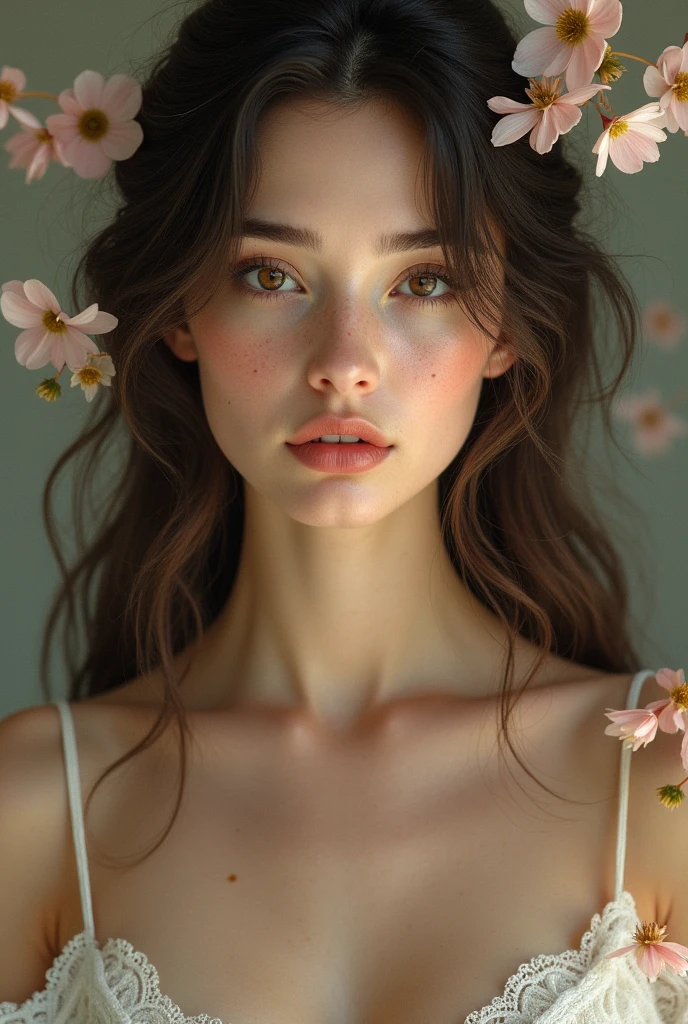 female, woman, collarbones, floral motif, freckles, beautiful, very feminine face, elegant features, long loose hair