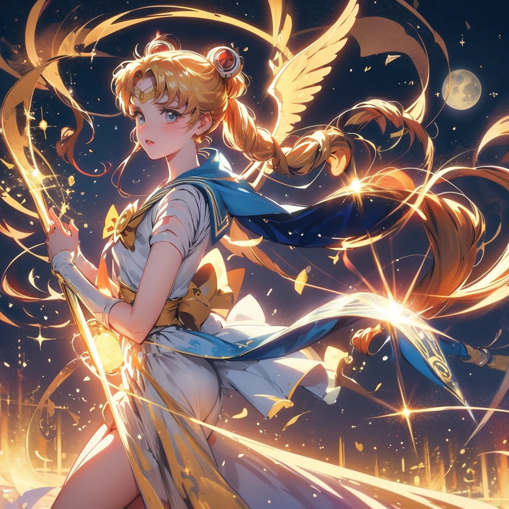 portrait of sailor moon Usagi Tsukino, big wings, golden tone, huge moon in the background, golden sparkle, beautiful dress