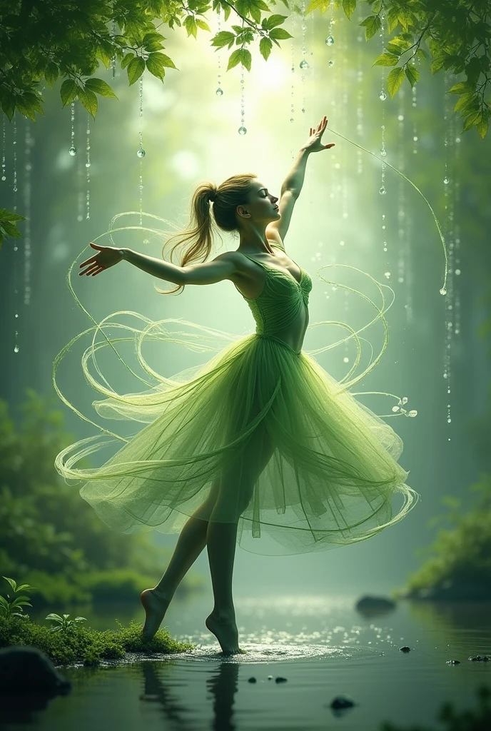 Delicate intricate leaf vein resembling delicate brushstrokes as trendrils of foliage swirl around the figure blurring the lines between dancer and environment against a backdrop of gentle glistening rainfrops