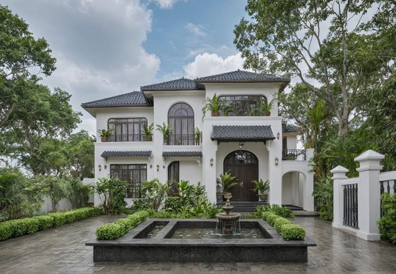 Raw photo,Masterpiece, high quality, best quality, authentic, super detail, hedge plant, water fountain outdoor, roof tiles,
exterior, outdoors, house style indochine on the street ,aiaigroup
road,pavement, grass, trees, sky, cloud, (day:1.1)