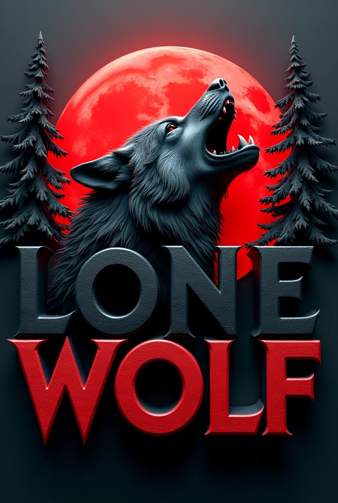 3D capital typografi font written "LoneWolf" bold,artistic,red black color with a moon and howling wolf head in the middle