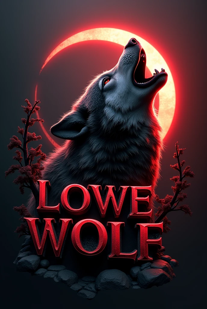 3D capital typografi font written "LoneWolf" bold,artistic,red black color with a moon and howling wolf head in the middle
