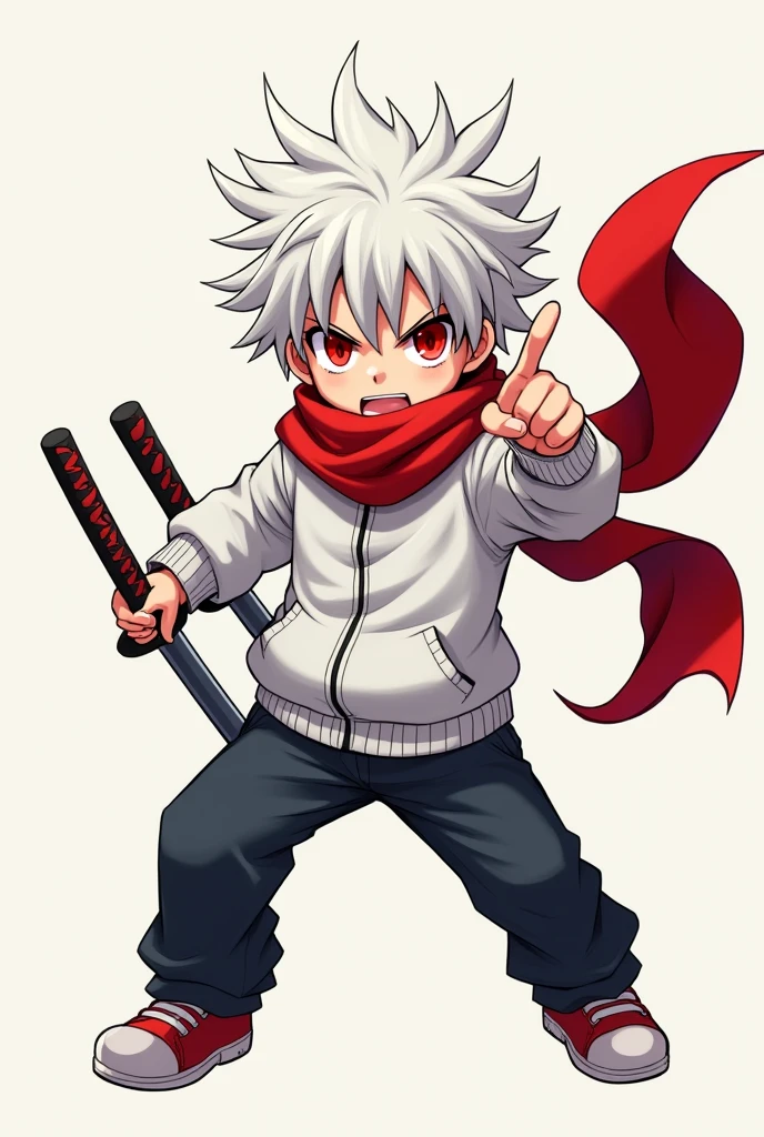Drawing of a little anime boy with a red scarf, white hair, red eyes, and a white hoodie, holding a katana, pointing forward with a murderous look in his eyes.