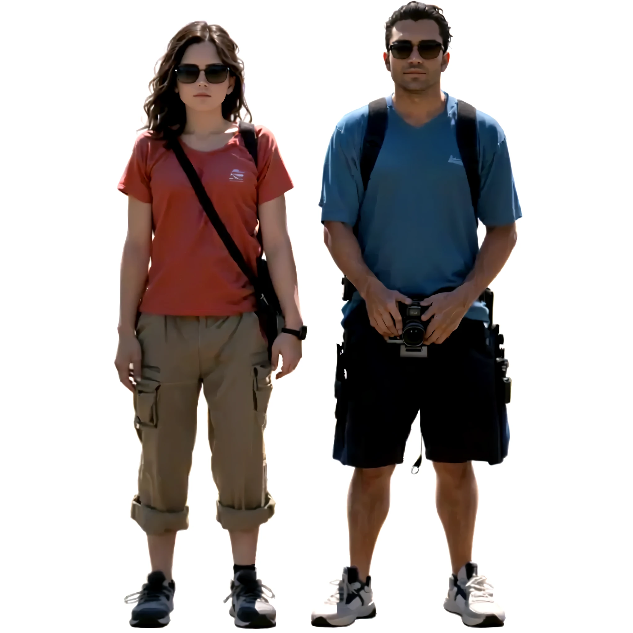 arafed image of a man and a woman standing next to each other, couple of tourists, couple, 2 people, holding arms on holsters, two people, medium shot of two characters, wearing pants and a t-shirt, tourist, , nerds, high detail, they have photo cameras, full body profile camera shot, he does not have glasses while she has, realistic illustration, baki,