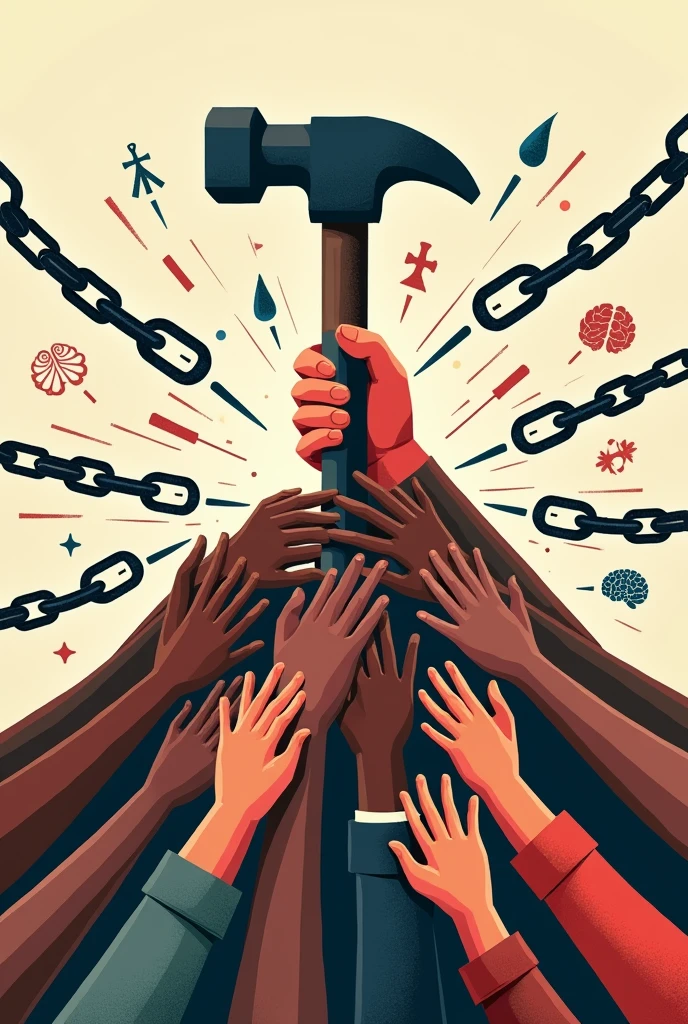 Create a poster on heal the world in which a lot of hands holding a single hammer are breaking the chain depicting problems like rape, pollution , poor health and mental stress.