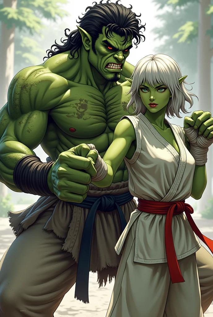 A young half-orc woman in a fighting stance, de pele verde, thin and short, medium white hair, with clothing similar to that of a martial artist, with some bandages on his hands, and beside him a large young half-orc man with green skin with his hand on his shoulder, with black curly hair with his eyes covered by his hair, that only leaves the mouth and teeth showing, with martial artist clothes and scars all over his body. Both done in anime style