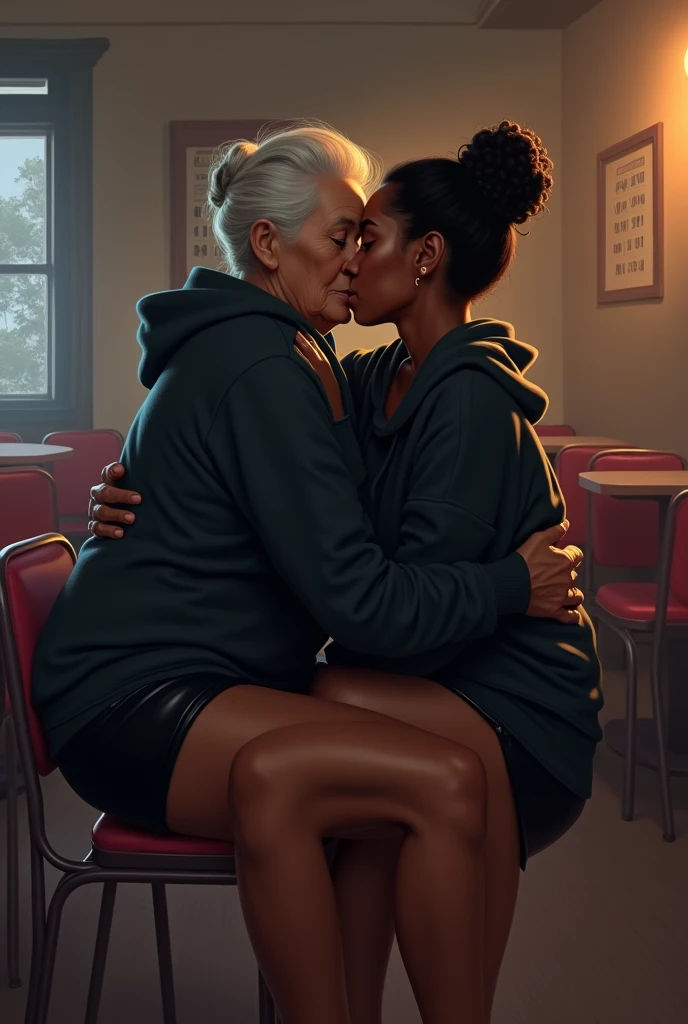 black woman hair in a bun black hoodie black leather short shorts setting on old womans lap, old woman has arms around her waist and kissing her neck in a bingo hall
