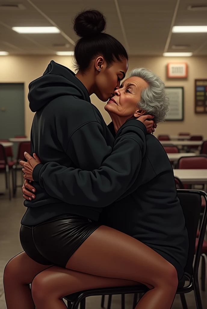 black woman hair in a bun black hoodie black leather short shorts setting on old womans lap, old woman has arms around her waist and kissing her neck in a bingo hall
