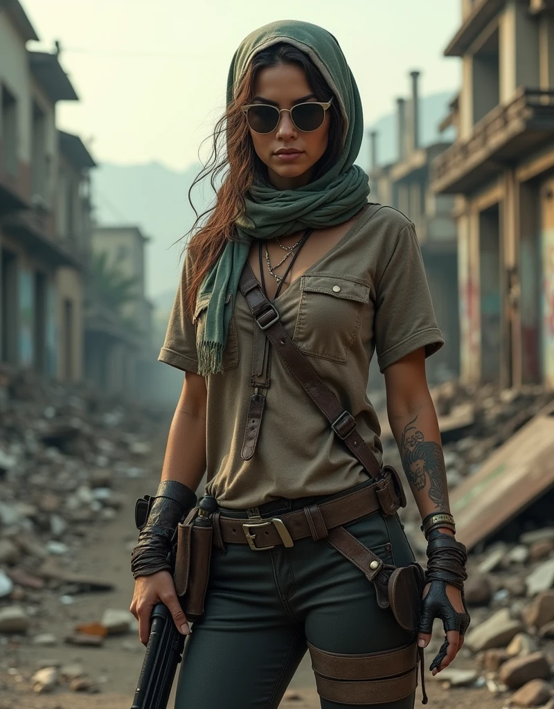 A photorealistic picture, best quality, realistic, full body portrait, real picture, enhanced details, depth of field, post-apocalyptic wasteland, destroyed city, ruins, trash, wrecked cars, graffiti, woman, dressed in old worn clothes, scarf on her head and neck, sunglasses, tattoo on her arm and neck, lots of details, automatic weapon. real face, real silhouette, Fujifilm XT3, outdoors, morning, nice lighting, dynamic, RAW, 8k, uhd, film grain, bokeh. incrase details to the city and the environment,, the signs of decay and destruction, the vegetation and wildlife, the weather and the sky, the mood and atmosphere,