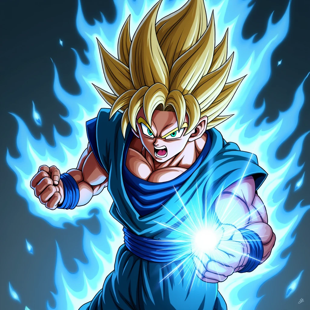 Super close-up of Son Goku&#39;s hand\(Dragon Ball\(manga\), Muscular,shout,anger\) ,Kame-senryu pose,Blue Flame,is coming out of the whole body.,Keep your hips low,Super Saiyan blonde hair,Green Eyes,