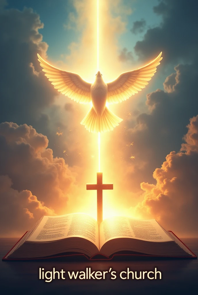 Bright Light shone from Bible with the cross in the middle and holy spirit on top of the cross like a dove, and write boldly "Light Walker's church" at the bottom, heavenly background