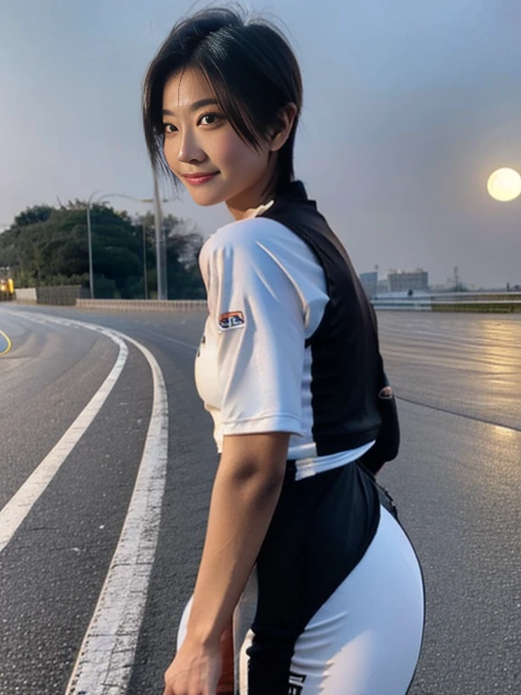 20 year old Japanese beauty，One woman、Muscular body like a bodybuilder、Emphasize the breasts、Slit eyes、Full body image up to the tip of the foot，Bust is very very large、Full moon night in the background、High quality photos、Clear, crisp images of the lower body、Masterpiece 8k、Smiling、From the front, from the side, from the back, etc.々from what camera angle to shoot、Highly lustrous satin outfit、Full-body clothing、Wearing a road bike racing suit