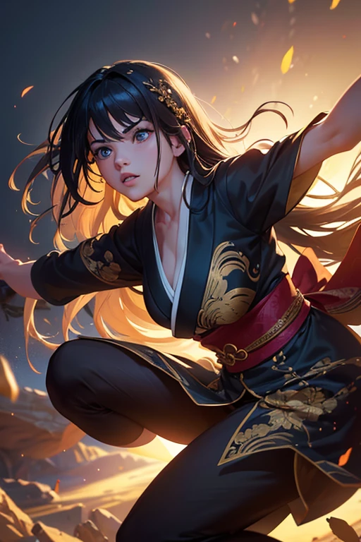 a fierce female samurai warrior, standing in a fighting stance, holding a sword drawn from its sheath, fully armored in a traditional samurai kimono, surrounded by swaying bamboo leaves in the wind, high-detailed skin texture, beautiful detailed eyes, beautiful detailed lips, extremely detailed eyes and face, long eyelashes, 1girl, digital painting, traditional japanese art, woodblock print, cinematic lighting, dramatic contrast, warm colors, vibrant colors, highly detailed, photorealistic, hyperrealistic, sharp focus, 8k, masterpiece, HDR, studio lighting, physically-based rendering, extreme detail, professional, vivid colors, bokeh