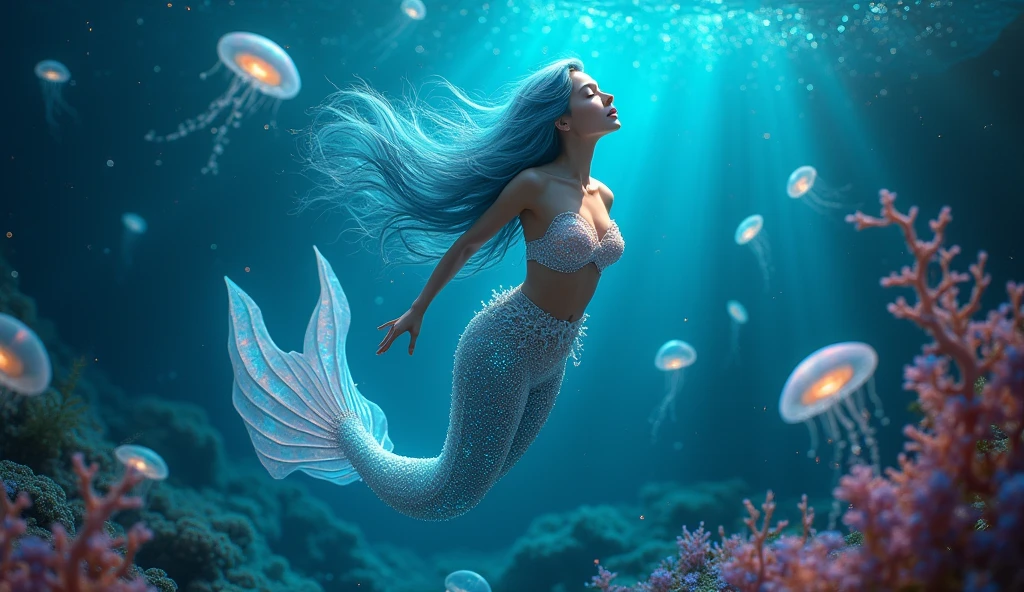 A beautiful mermaid with long, flowing aqua-blue hair, wearing a shimmering, translucent seashell bra and delicate, iridescent scales that cover her lower body. She is gracefully floating in the deep sea, surrounded by glowing jellyfish and sparkling bubbles. Her eyes are closed as she sings softly, her voice echoing through the water. The ocean floor is covered in soft coral and luminous sea plants, casting a gentle glow that highlights her ethereal beauty. Aim for realistic depiction, make sure photos are at highest resolution (8K)