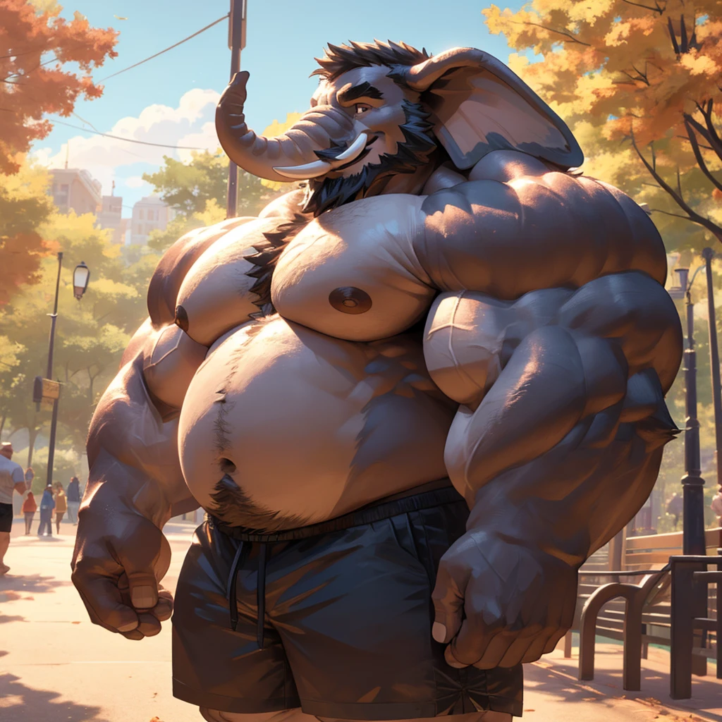 1boy, 1man, solo, a potrait (furry elephant), (face:1.3, detailed face, bearded, beard, thick mustache), chubby, fat belly, huge belly, Park, extremely huge muscular, massive muscular , (topless, shirtless, shorts), well-muscled old man. ((extremely muscle size, super thick arms, huge pec, hyper pec, bigger chest, extremely wide pectoral , huge arms)), wide smiling. Add textures and details to make the image more realistic, such as the appearance of the. Make sure the resulting image is high resolution, 8K quality