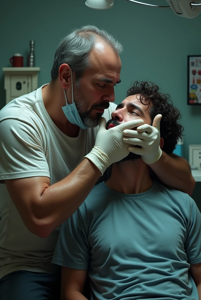 Male dentist with t-shirt gloves and socks stopping his patient from screaming with his hands