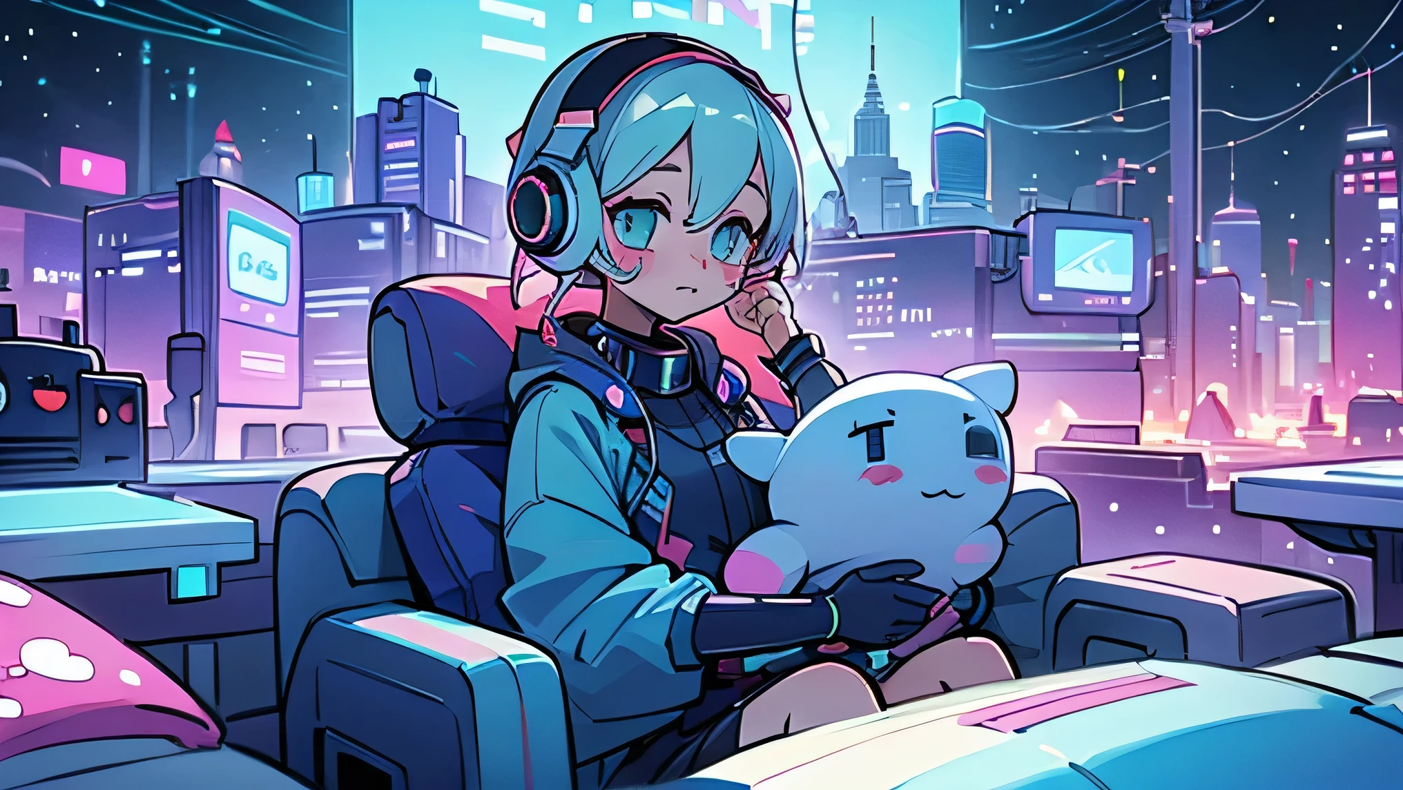 Pixel dots、cute、electronic、beautiful girl、Game Music、Future City、Headphones、cushion