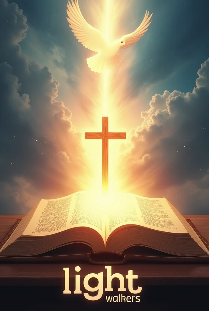 Bright Light shone from Bible with the cross in the middle and holy spirit on top of the cross like a dove, and write boldly "Light Walker's church" at the bottom, heavenly background 