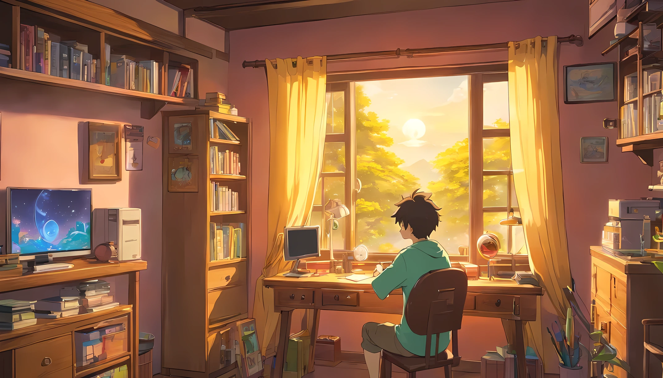 (dessus de la table) Garçon assis dans sa chambre en train d'étudier, Sur son bureau, avec des écouteurs, Décoration Geek, Peluche Pokémon sur le mur, affiche pour, Fenêtre avec la lune et les étoiles, calme, pacifique, pensée, Moteur irréel 5, Cinématique, étalonnage des couleurs, ultra-détaillé, magnifiquement codé par couleur, incroyablement détaillé, détails complexes, Magnifiquement étalonné en couleurs, Moteur d'illusion, Photographie éditoriale , photo prise, Prise de vue avec un objectif 70 mm, profondeur de champs, degrés de liberté, 32k, Hyper-résolution,plus détaillé