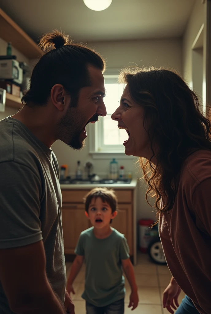 A Latino man yells at a scared woman in her low-income home and a is crying watching it
