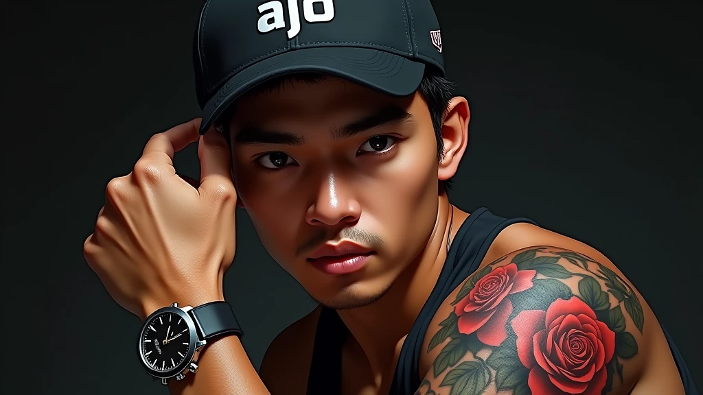 there is a asia man with a Rose tattoo on his arm and a watch, photo style of shawn paul tan, Roses tattoo style, tattooed man, inspired by Rudy Siswanto, dark but detailed digital art, realism artstyle, hyper realistic style, hyperrealism, detailed style, photorealistic, high quality portrait, realism art style, digital painting highly detailed. his cap writing AJO As logo